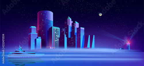 Vector background with yacht in sea, lighthouse and city on island. Purple megapolis on water, exterior with buildings, skyscrapers. Cartoon town in mist on night background. Pleasure boat in ocean.