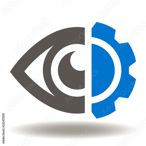 Eye cog wheel vector icon. Big brother AI logo. Automated surveillance machine learning symbol. Vision sign.