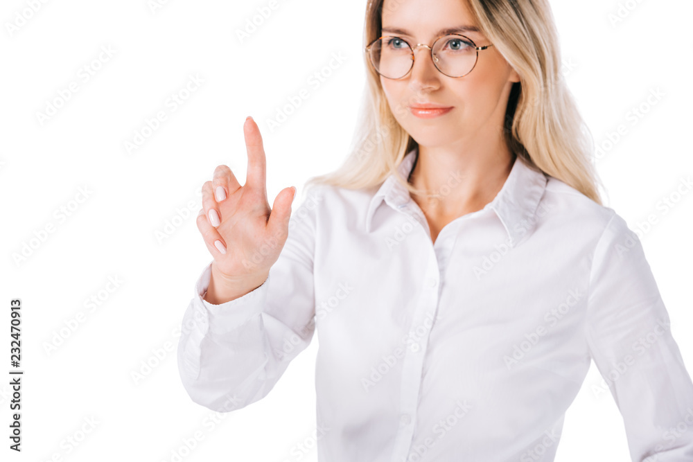 portrait of attractive businesswoman in formal wear gesturing isolated on white portrait of attractive businesswoman in formal wear gesturing isolated on white