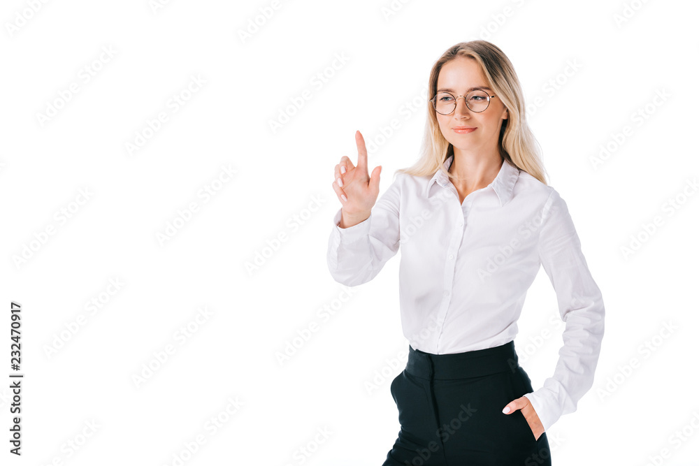 portrait of smiling businesswoman in formal wear gesturing isolated on white