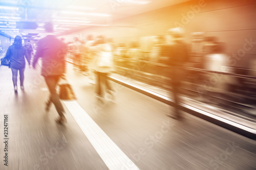 Anonymous blurred people rushing in subway train,Seoul in South Korea..