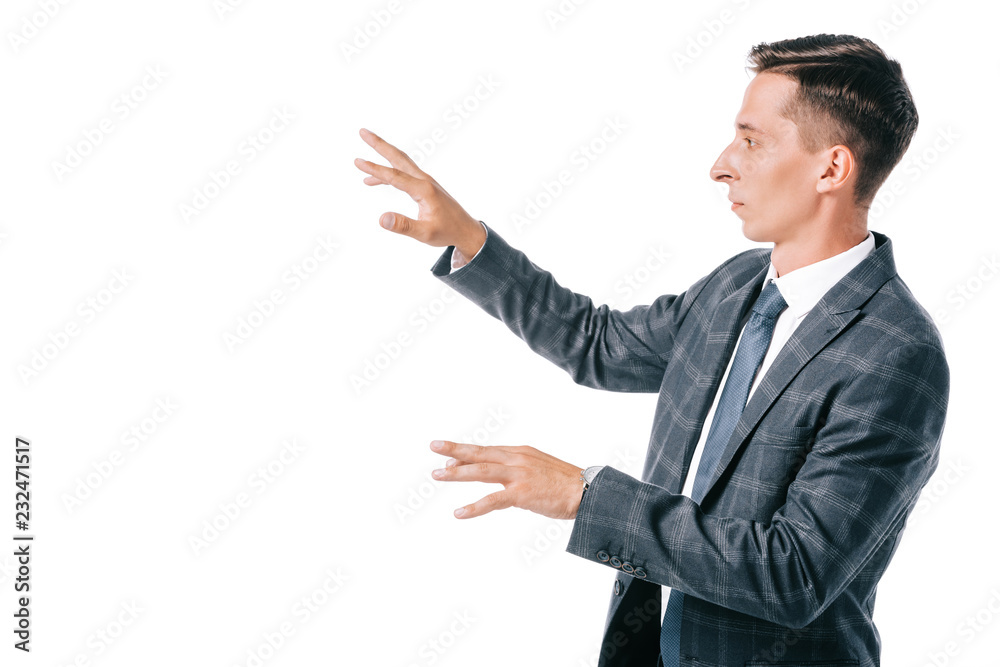side view of businessman in suit gesturing isolated on white side view of businessman in suit gesturing isolated on white