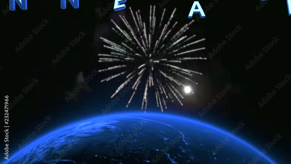  Fond de la planète Terre animée avec feux d'artifice, moderne avec bonne année 2019 dans l'espace, rendu abstrait avec titres en 3D Caméra lente en 4K.