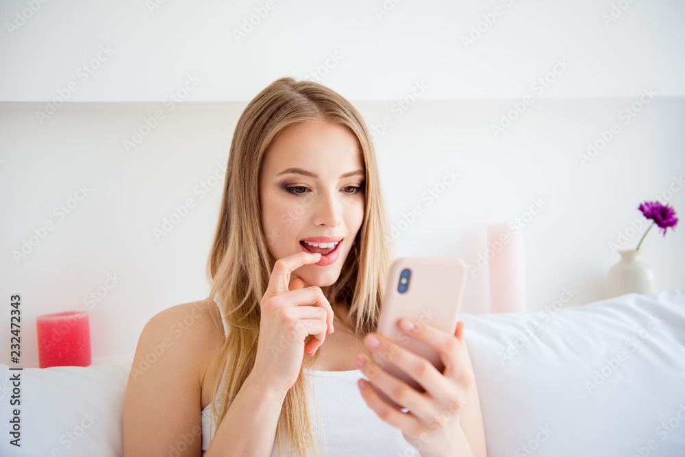 Portrait of calm chill adorable attractive beautiful nice lady w Portrait of calm chill adorable attractive beautiful nice lady w