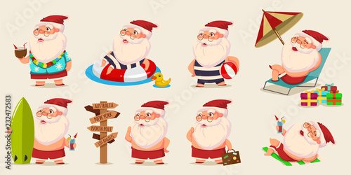 Summer Santa Claus in shorts on beach vector set. Cute cartoon character for Christmas design isolated on background