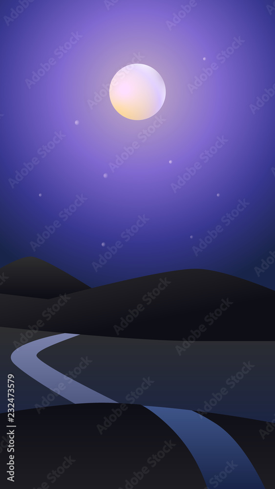 Vector landscape - field, moon and stars in sky in night time, phone screensaver. Colorful trendy gradients, iridescent colors. Effect soft transition. Background template, modern design illustration. Vector landscape - field, moon and stars in sky in night time, phone screensaver. Colorful trendy gradients, iridescent colors. Effect soft transition. Background template, modern design illustration.