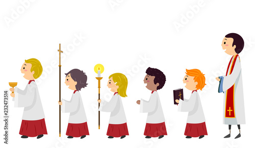 Stickman Kids Altar Boys Line Priest Illustration
