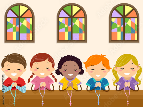Stickman Kids Pray Rosary Church Illustration
