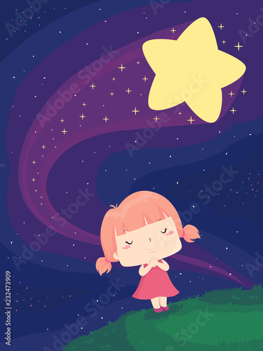 Kid Girl Wish Falling Star Illustration