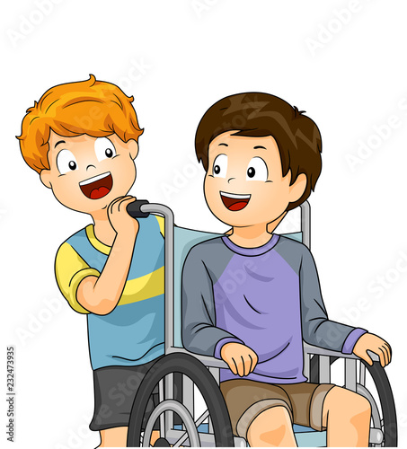 Kids Boys Wheelchair Help Illustration