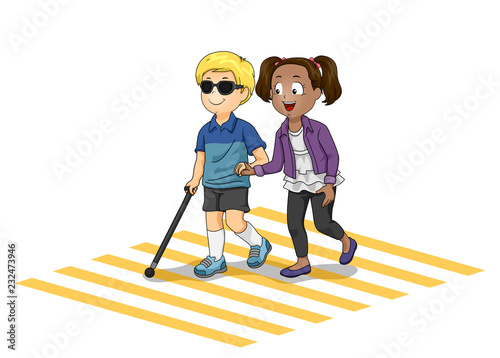 Kids Friend Help Blind Pedestrian Illustration
