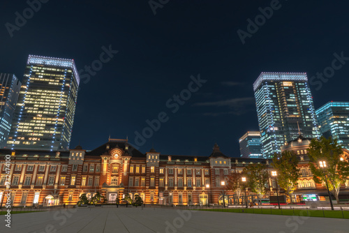 Tokyo station building at twilight time. View of Tokyo station at the Marunouchi business district, Japan.