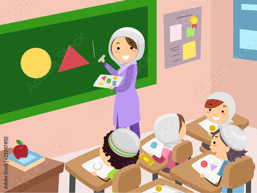 Stickman Kids Muslim Teacher Class Illustration