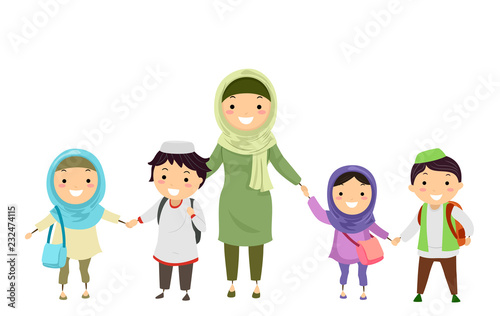 Stickman Kids Muslim Teacher Students Illustration
