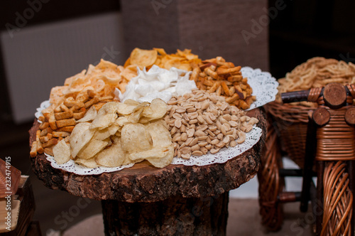 Plate with dry snacks on the table
