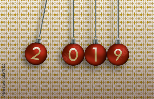 Neujahrsgruß mit roten hängenden Christbaumkugeln als Pendel