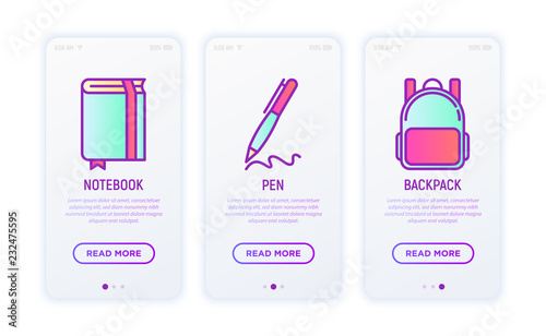 Promotional products thin line icons set: notebook, pen, backpack. Modern vector illustration.