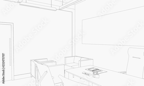 office contour visualization, 3D illustration, sketch, outline 