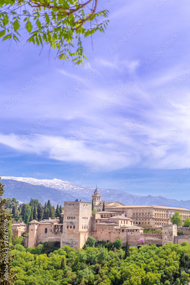 Alhambra with snowy mountains, Granada, Andalusia, Spain