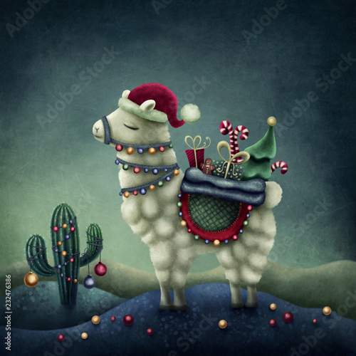 Fototapeta Cute llama in santa hat