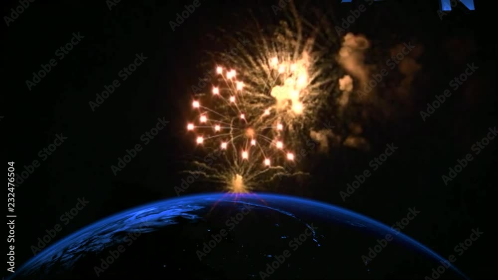 Sfondo del pianeta terra animato con fuochi d'artificio, moderno con felice anno nuovo 2019 che esce nello spazio, rendering astratto con titoli 3d. Foto camera lenta in 4K.
