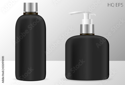 Black shampoo and soap dispenser bottles cosmetic mockup. 3d EPS Vector illustration ready for your design. Isolated packaging.