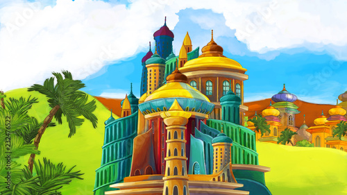 cartoon scene with beautiful medieval castles - far east kingdom - illustration for children