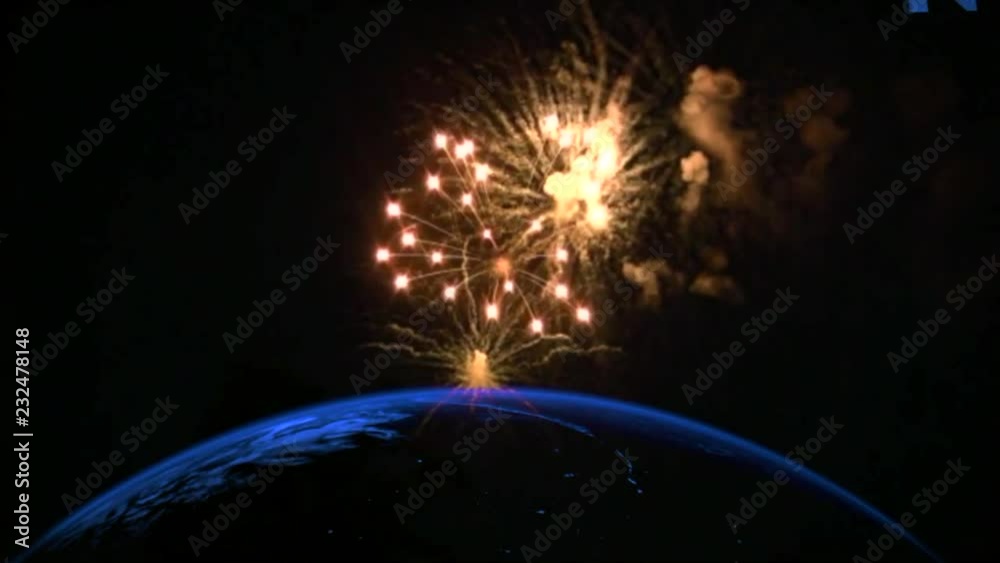 Sfondo del pianeta terra animato con fuochi d'artificio, moderno con felice anno nuovo 2019 che esce nello spazio, rendering astratto con titoli 3d. Foto camera lenta in SD.
