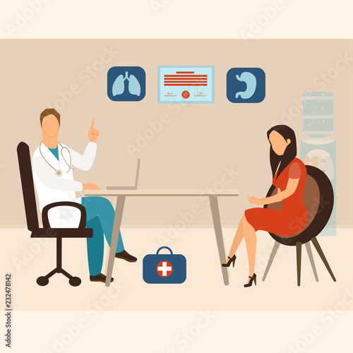 Medicine concept. Practitioner doctor man and young fashionable woman patient in hospital medical office or polyclinic. Consultation and diagnosis. Vector illustration in flat cartoon style.