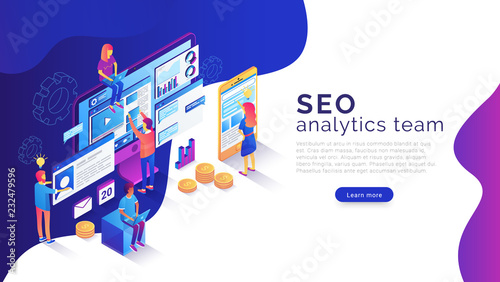Seo analysis and optimization landing page template. 3d isometric illustration with team of specialists working with web pages and mobile apps and websites
