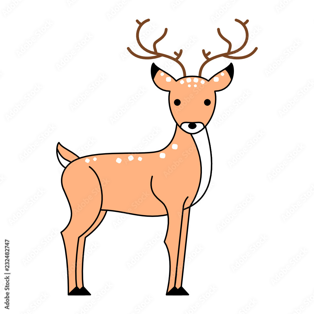 Deer Standing and looking to camera, cute symbol style, simple design. brown color.