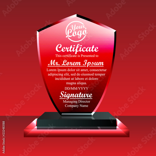 Crystal trophy certificate design template on red background.