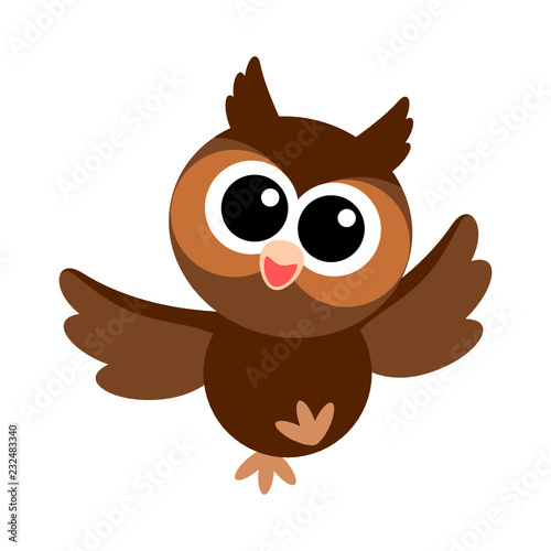 An owl vector. Spread wings and cheerful, big eyes, brown color, cute cartoon style, simple design, shape editable.