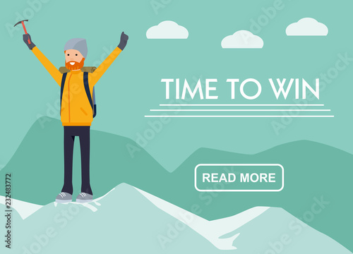 Mountain tourism banner. the winner of the climber on the mountain.Time to win. Flat cartoon illustration vector set. Active sport concept set.