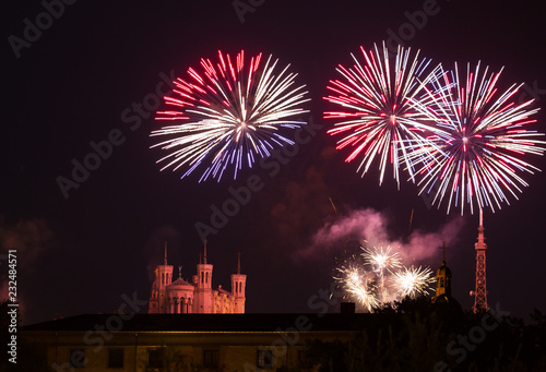 Fireworks at Cathedral Fourviere in Lyon on the french National Day July 14, Bastille day.