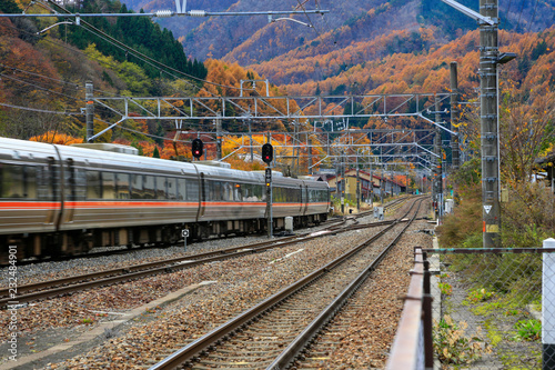 The train is moving in the Japanese province of Nagano in the season of autumn travel.