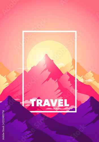 Vector illustration flat travel adventure climb to the top of the mountain poster. Silhouette nature mountains in morning and evening sun in modern colors.