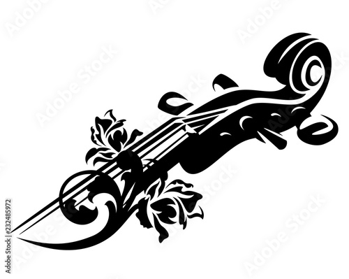 violin or cello neck and rose flowers - string musical instrument black vector design