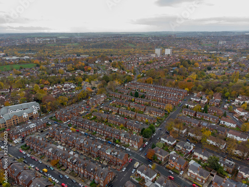 Aerial photo of a typical town in the UK showing rows of houses, paths & roads, taken over Headingley in Leeds, which is in West Yorkshire in the UK. photo