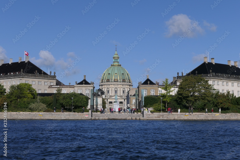 Panoramic view to the Frederik's Church from a canal in Copenhagen, Denmark