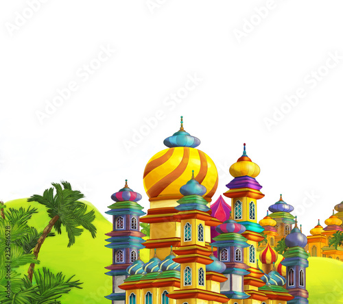 cartoon scene with beautiful medieval castles - far east kingdom - with space for text - illustration for children