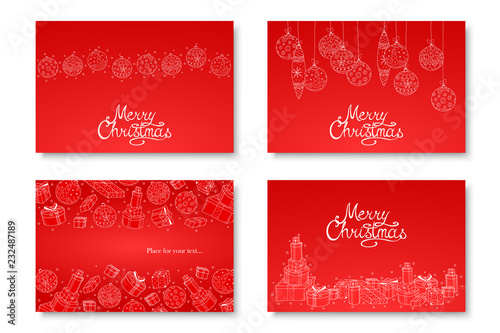 Collection of vector beautiful hand drawn Merry Christmas cards. Winter holiday red backgrounds with calligraphy