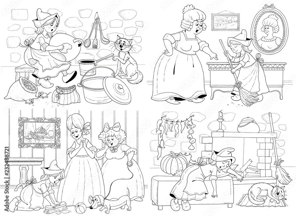 Cinderella. Fairy tale. Coloring page. Illustration for children. Cute and funny cartoon characters