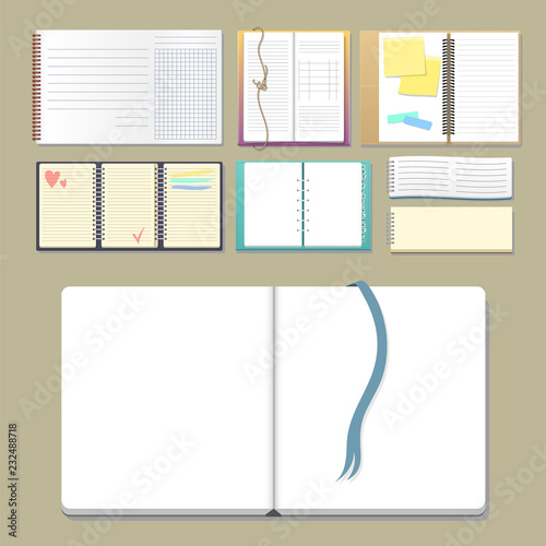 Set of open realistic notebooks with pages diary office sheet template booklet and blank paper education copybook organizer vector illustration.