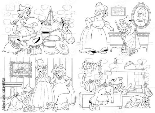Cinderella. Fairy tale. Coloring page. Illustration for children. Cute and funny cartoon characters