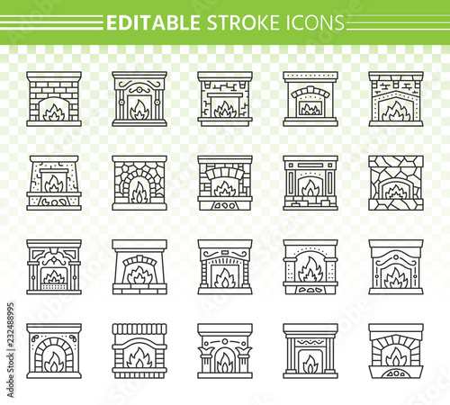 Fireplace simple black line icons vector set