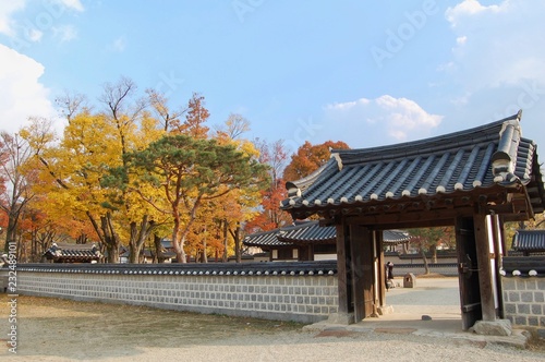 Traditional korean wall and gate in the Jeonju Hanok Village in autumn © shinyoung