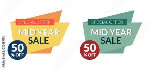 Set of 2 colorful mid year sale banner with 50 percent off sale. Designed for web, mobile apps, business promotion and different prints.