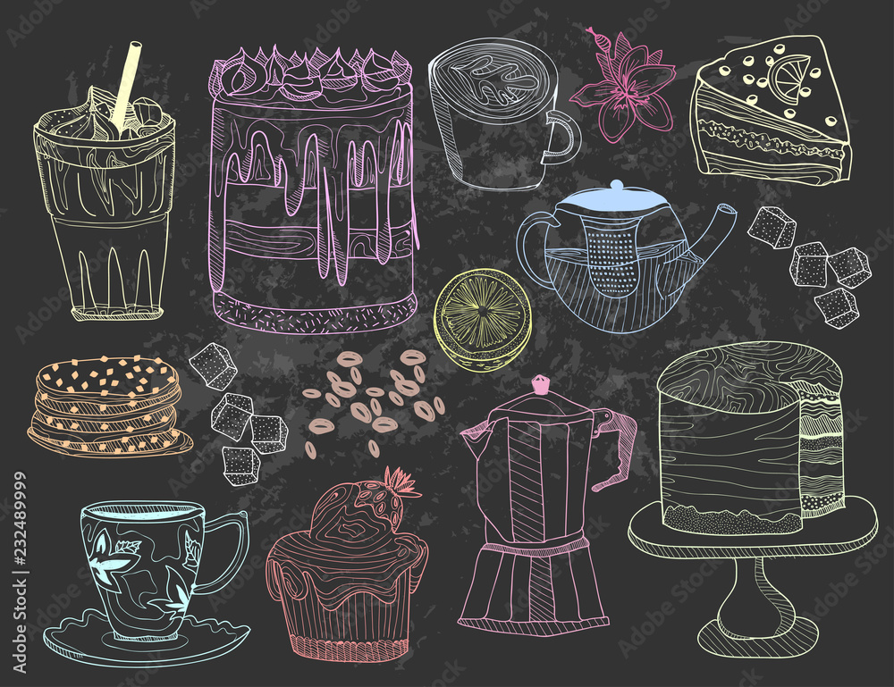 Hand drawn desserts, coffee and tea. Isolated elements. Colored graphic vector set. Chalk style
