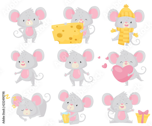Flat vector set of little mouse in different situations. Small rodent with big ears and long tail. Cute cartoon character
